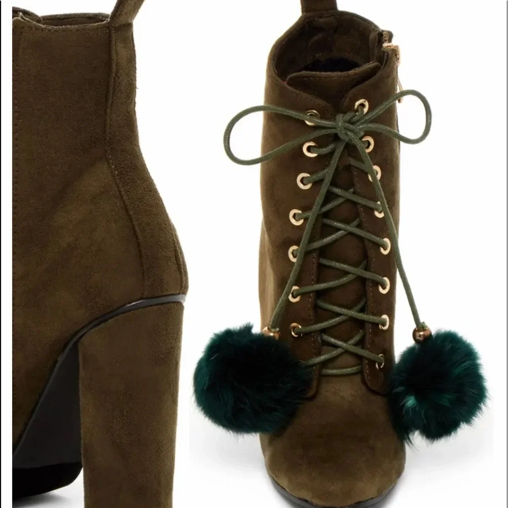 Catherine Malandrino Olive Green Fur Pom Pom Ankle Bootie